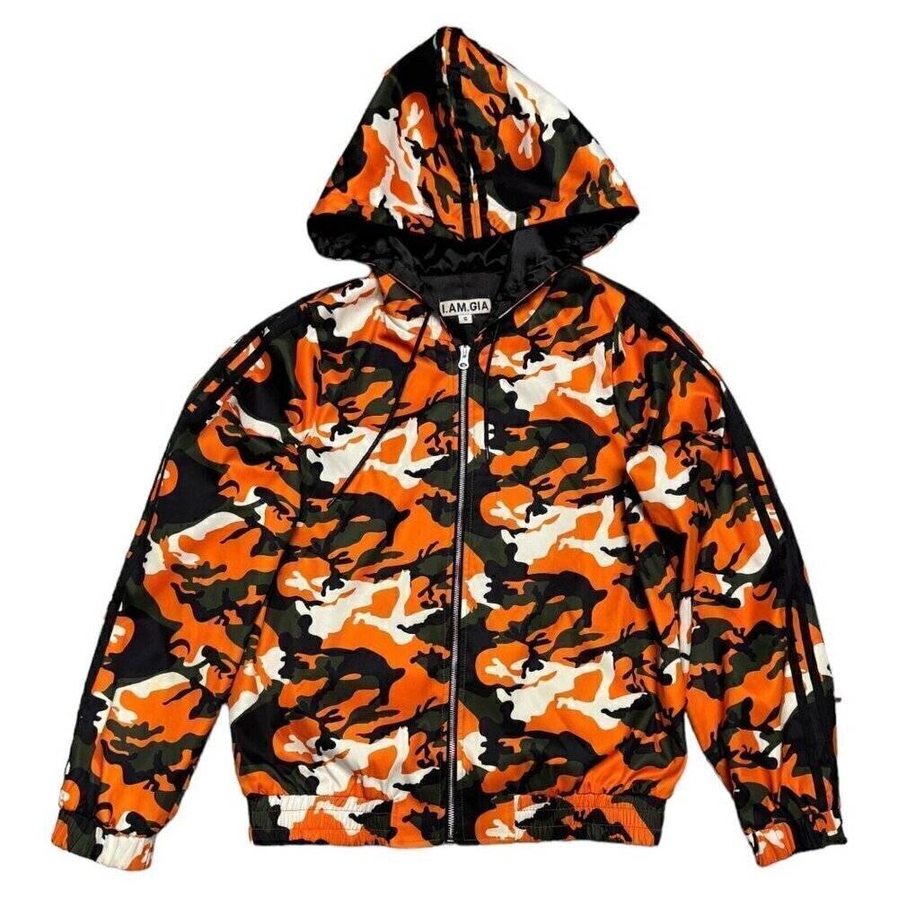 I AM GIA Luxury Designer Streetwear Orange Camo Full Zip Bomber Jacket Small